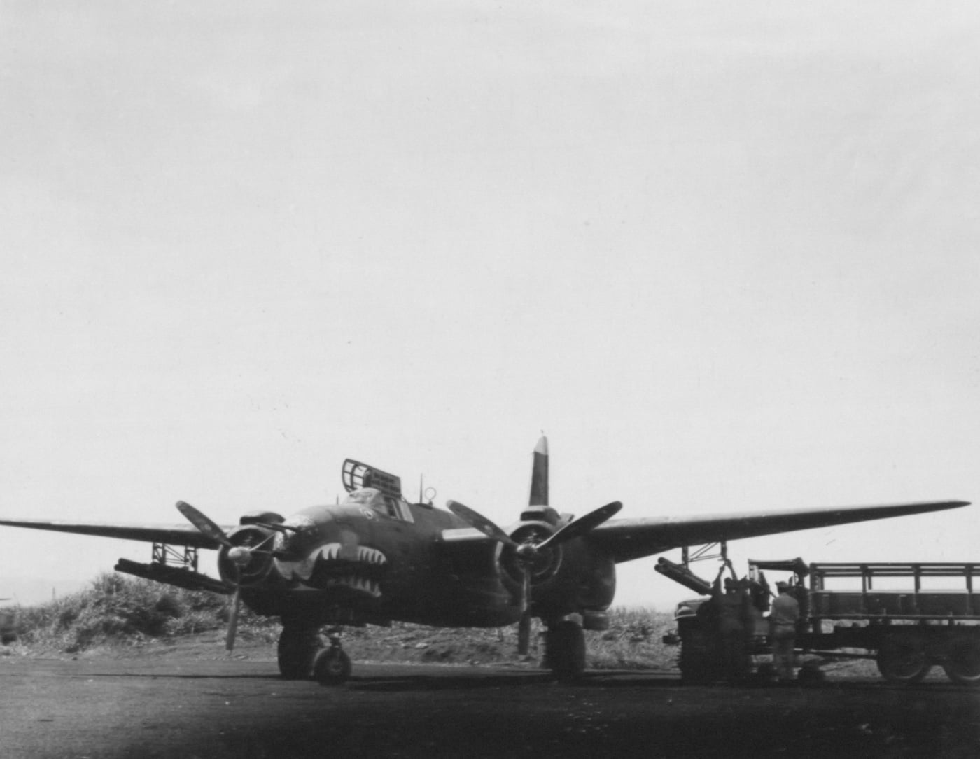 Shown in this photograph is an A-20 Havoc bomber with rocket pods attached to the wings of the plane.