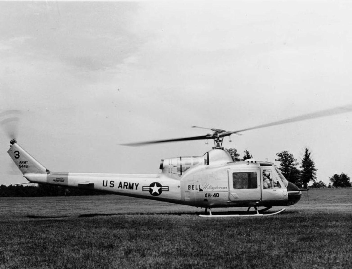 Shown in this photograph is the original XH-40 prototype helicopter. It was the first of the Bell UH-1 series. Named the Iroquois, the Huey nickname was started by Allied forces in Vietnam. The first helicopter battalion was part of a new medical evacuation unit. The helicopters could fit up to 6 stretchers when it entered service.