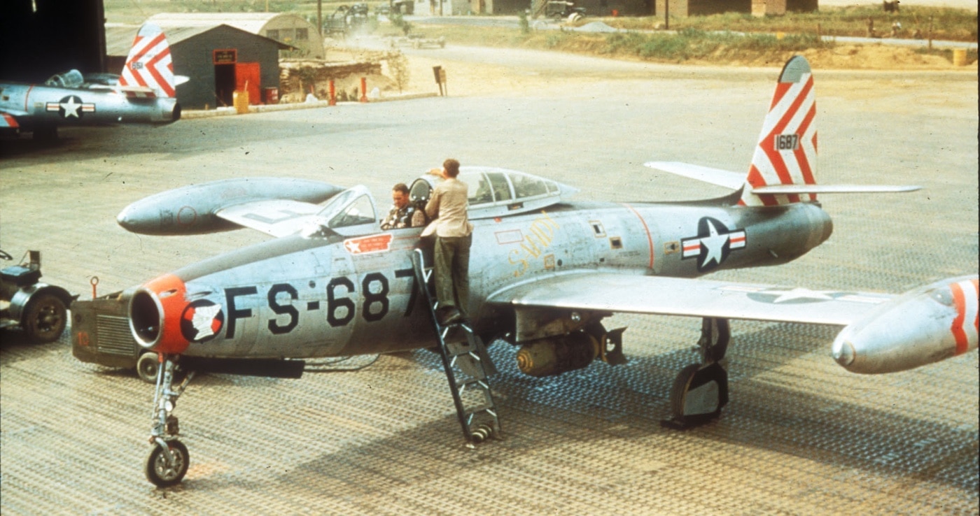 F-84 pilot prepares to take off on a combat mission in Korean War