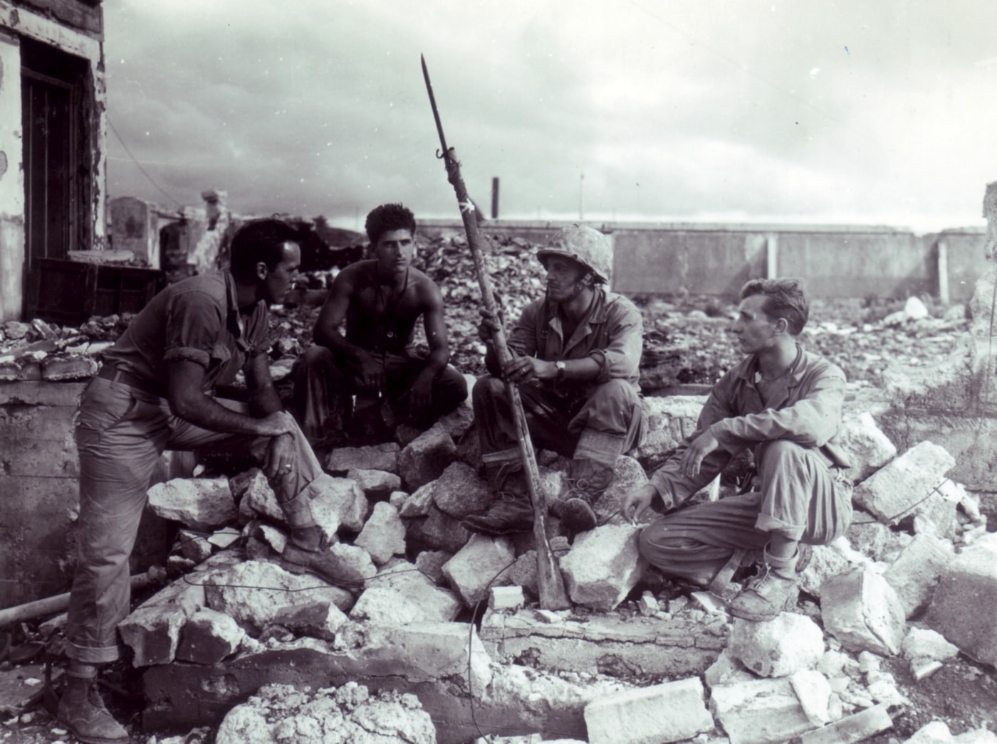 American Marines on Onkinawa examine a crude Banzai stick spear.