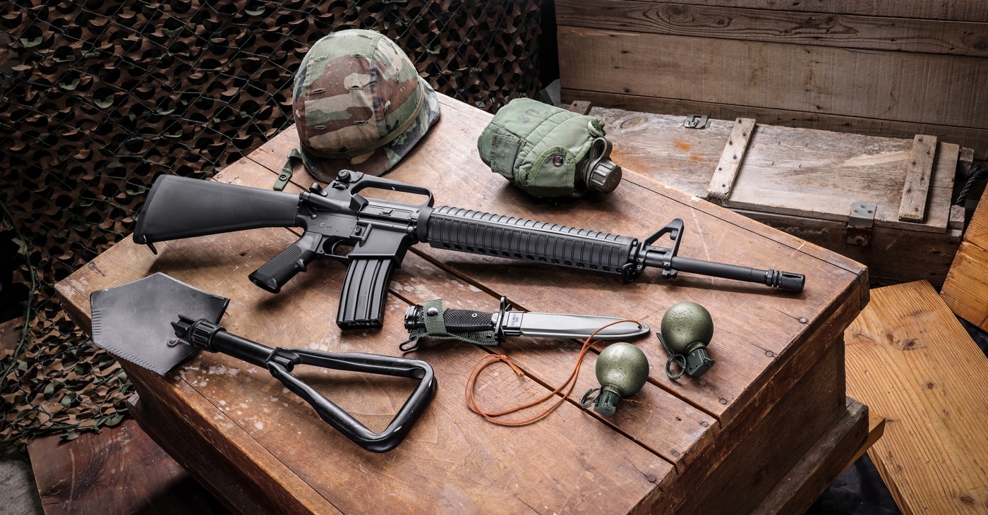 In this photo we see the Springfield SA-16A2 rifle, a clone of the original M16A2 rifle issued to the United States Marine Corps, United States Army and United States Navy. The original rifle was built by 	Colt's Manufacturing Company, but the Springfield Armory version is superior in every way.