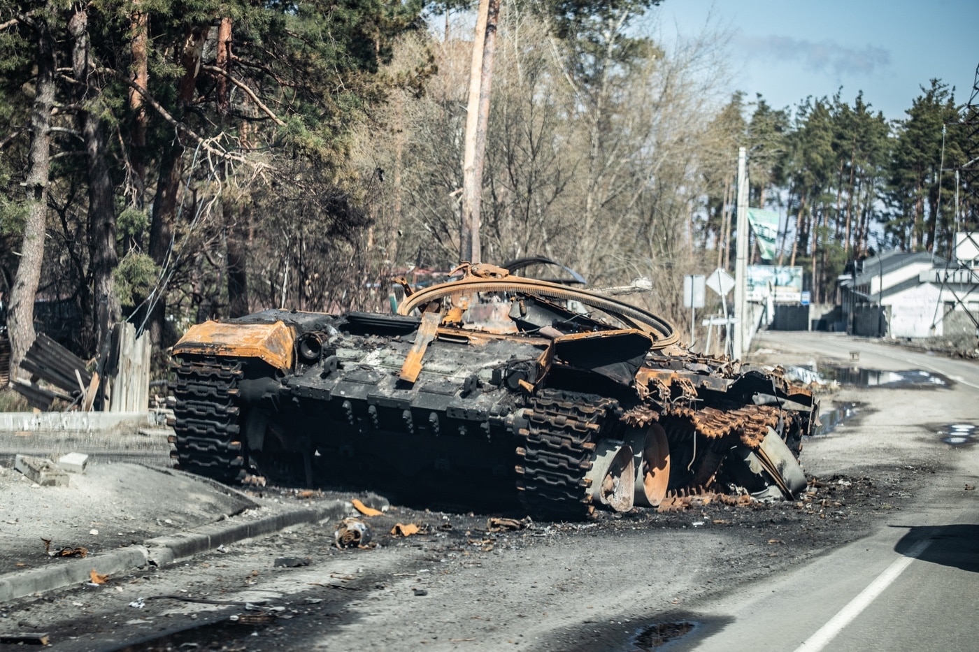 In this photograph, we see a destroyed Russian T-80 tank. Casualties on the Russian side were high as Ukrainian defenses at the battle were tenacious fighters determined on preventing Russian control of their country.