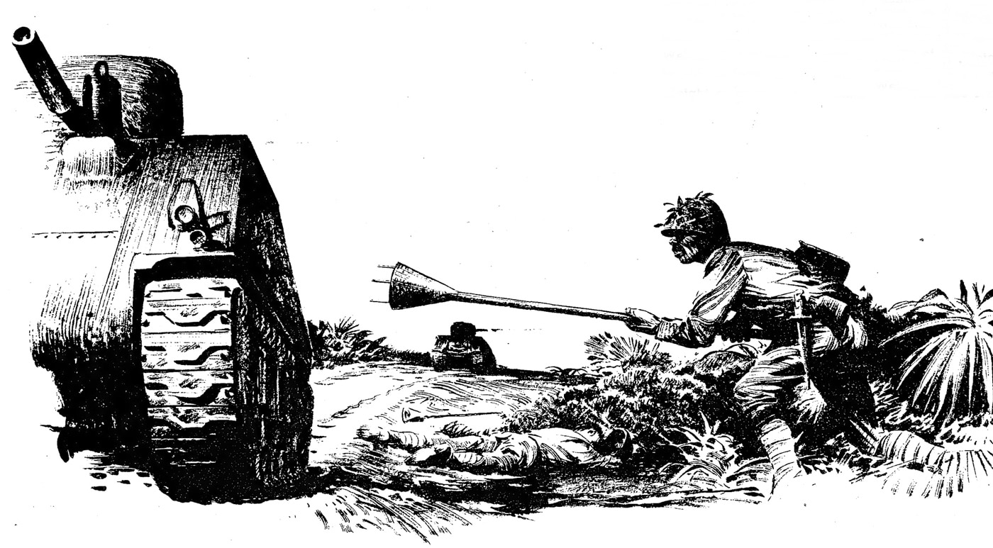 This illustration shows how a Japanese soldier using a conical lunge mine could take out a U.S. tank in combat. The lunge mine was intended to be used against the lightly armored sections of the tank.