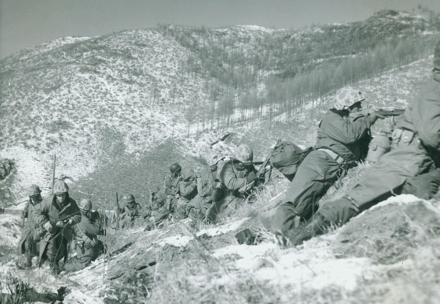 Marines clear a ridge during the Battle of the Chosin Reservoir