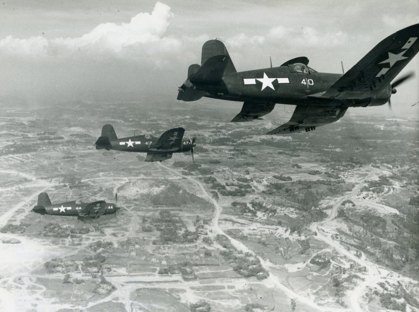 USMC 2d Marine Aircraft Wing F4U Corsair fighters over Okinawa