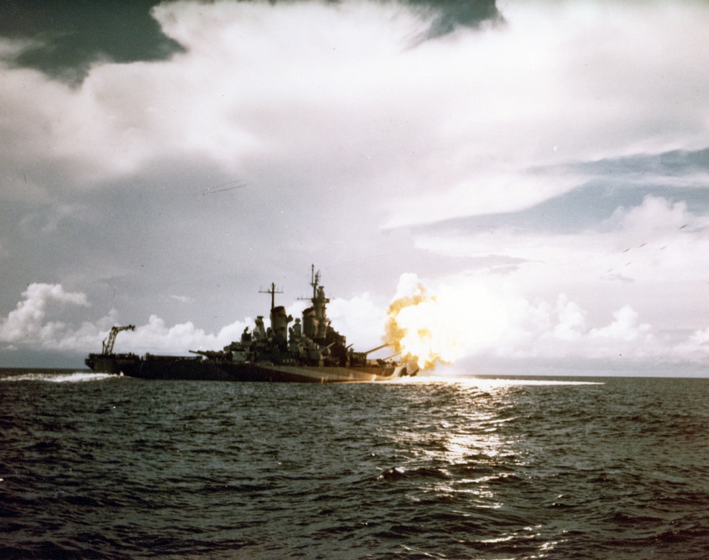 USS Missouri firing main guns in World War II