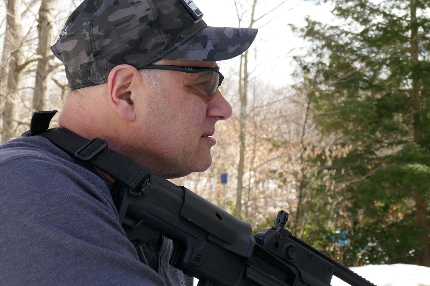 Here the author shows the wrap around ability of the eye protection. This is an important safety feature on the shooting range.