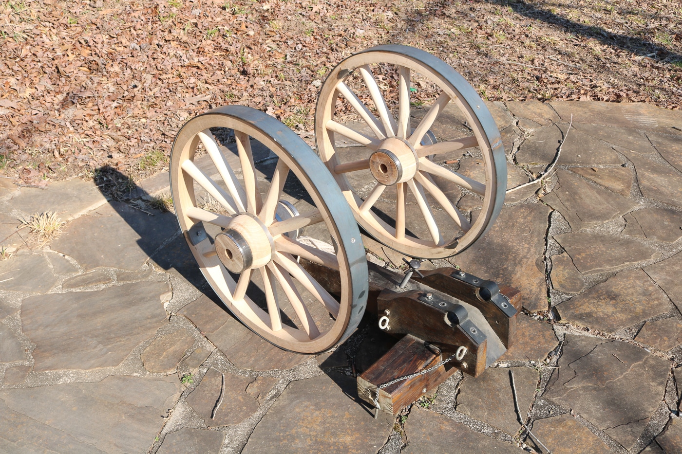 Amish made cannon wheels used on the authors home made cannon