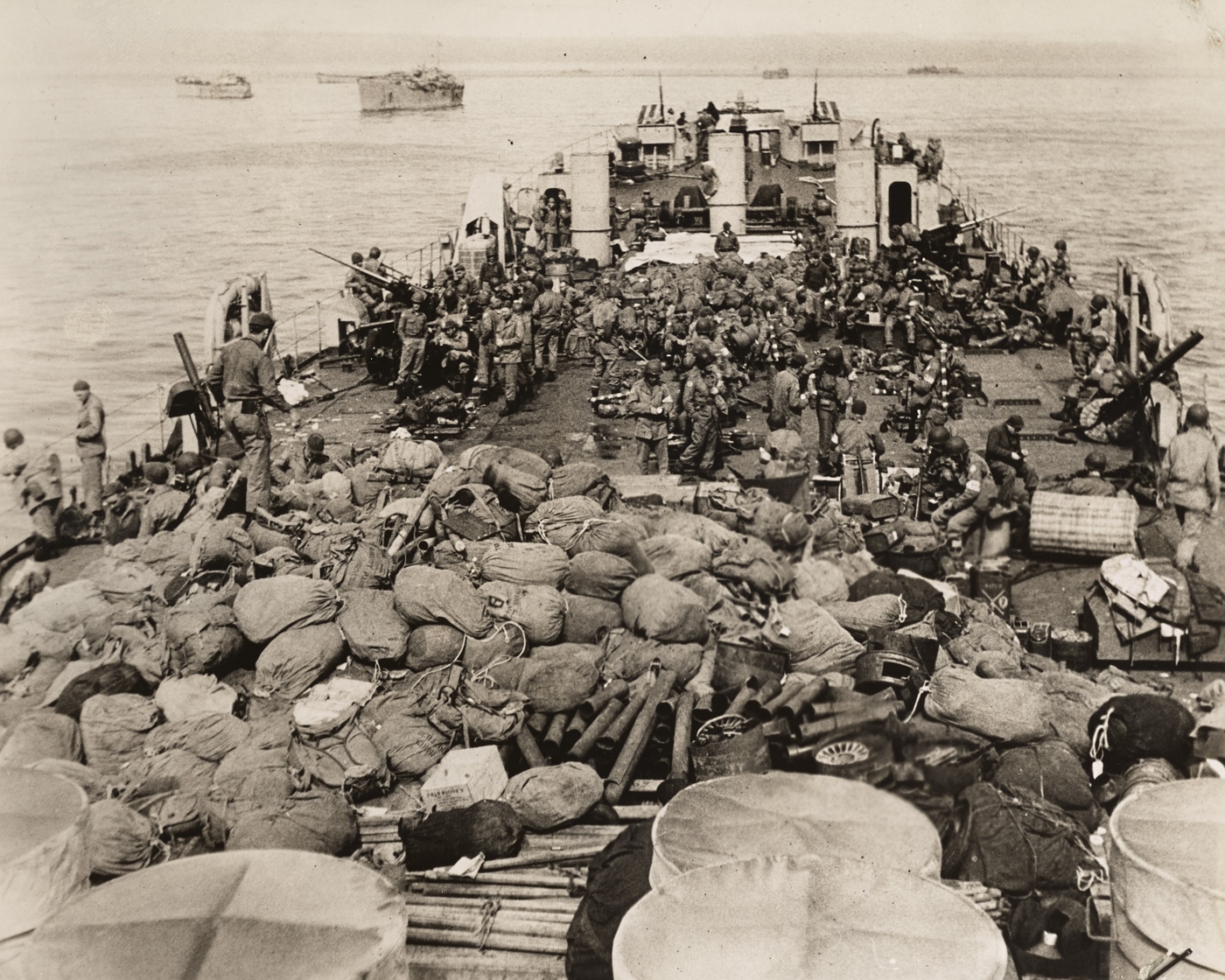 Coast Guard landing ship heads toward the beaches during the Aleutian Islands Campaign