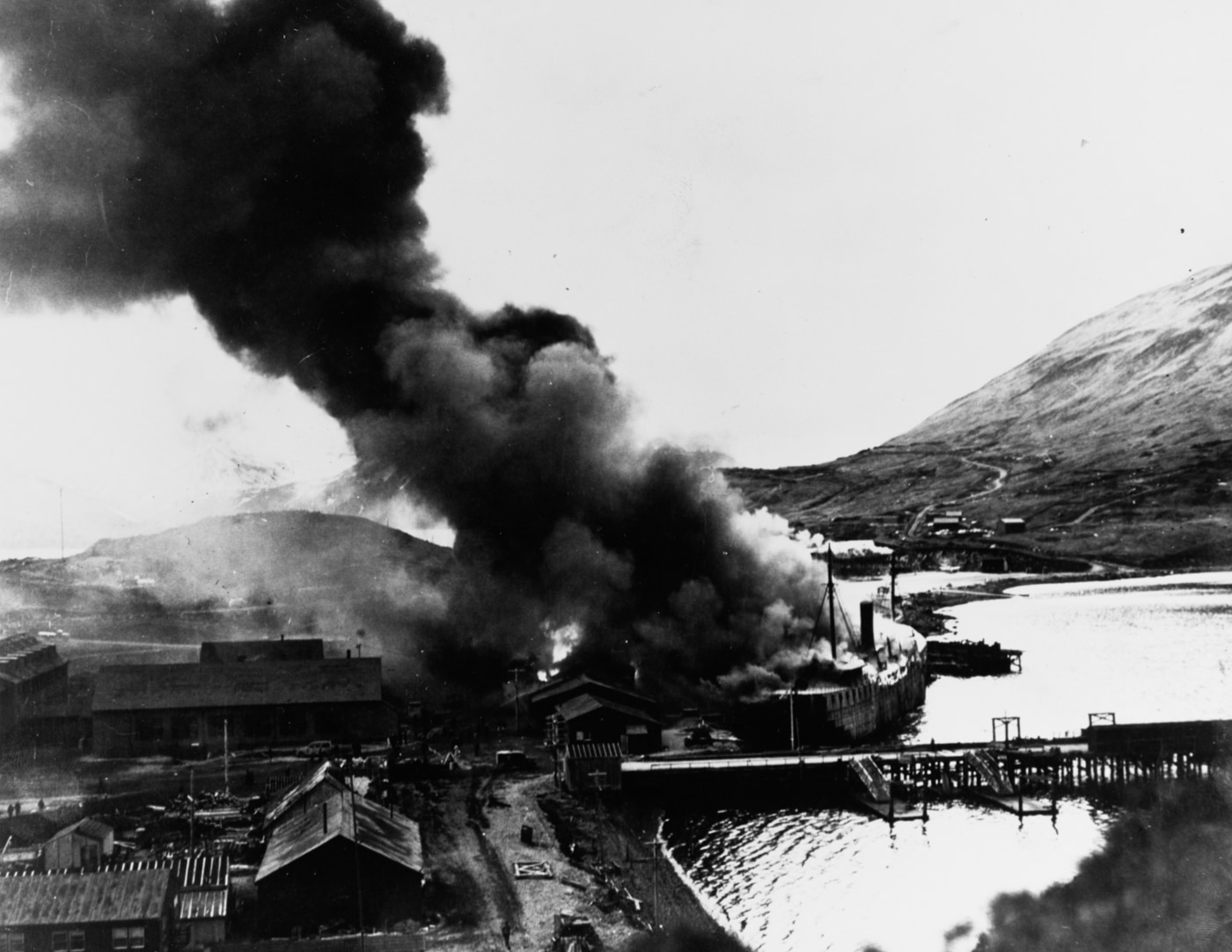 Japanese attack on Dutch Harbor SS Northwestern burning
