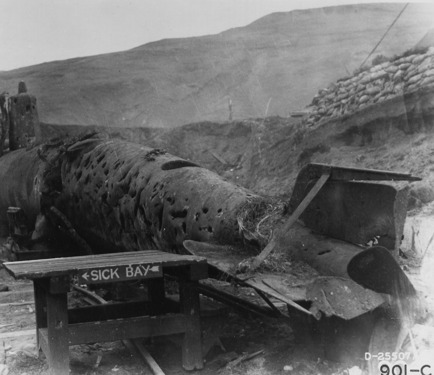 Japanese midget submarine damaged by US strafing