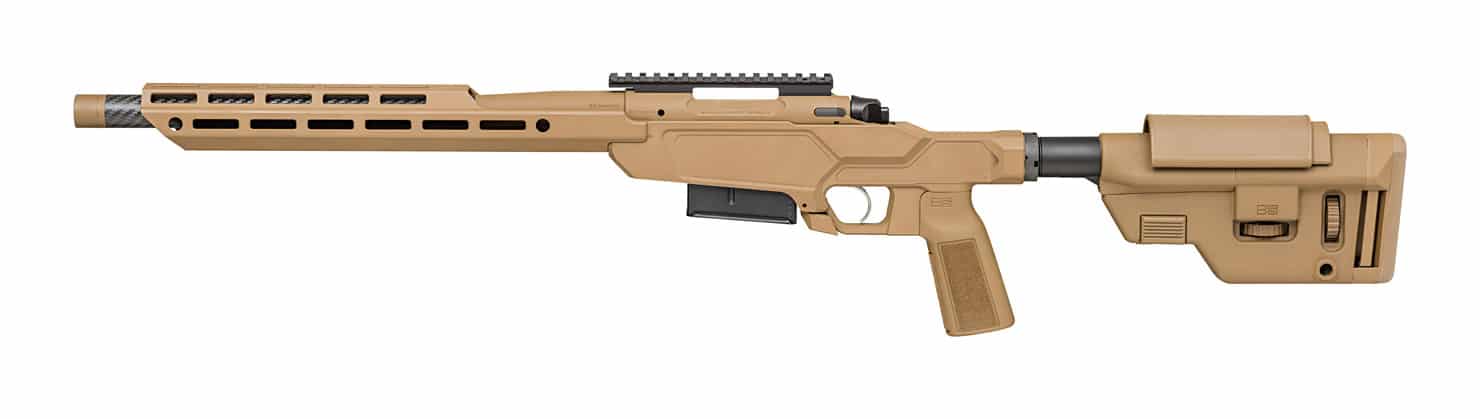 close-up photo of the M-Lok forend on the Sharps Bros. Heatseeker chassis. The free-floating handguard features a 14” length and weighs just 10 ounces. M-Lok slots are cut on all sides for full modularity. Users can attach bipods, lights, lasers, and rail sections as needed. The M-Lok system proved stable and easy to work with in the Springfield Armory Model 2020 Heatseeker review.