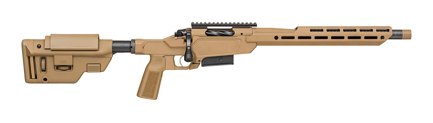 Side profile image of the Springfield Armory Model 2020 Heatseeker showing its compact proportions. The 16-inch barrel, short chassis, and collapsible stock contribute to a manageable overall length. This makes the rifle easier to pack for field use or transport to the range. Even with accessories mounted, the overall weight remained comfortable. These traits were noted throughout the Springfield Armory Model 2020 Heatseeker review.