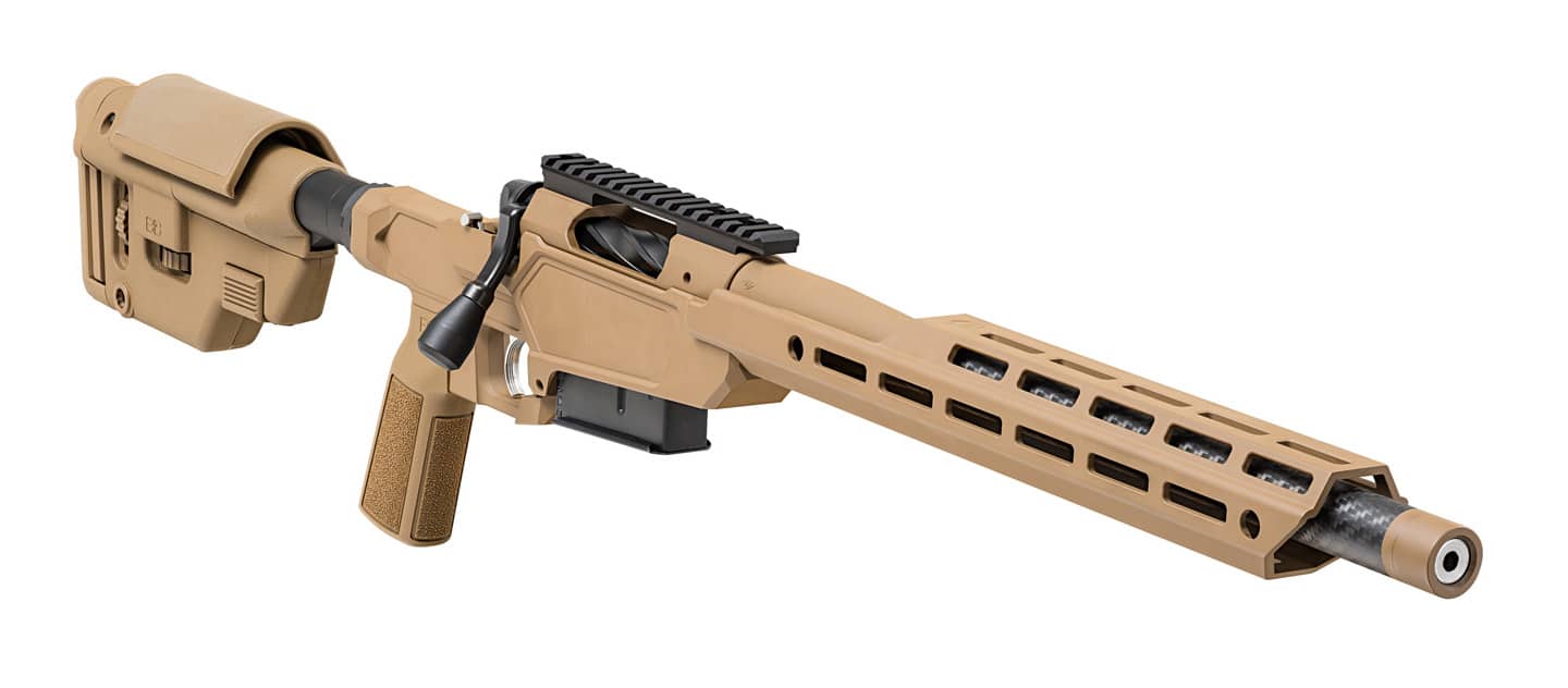 A close-up image of the Model 2020 Heatseeker’s 16-inch carbon fiber barrel and threaded muzzle. The barrel is lightweight and suppressor-ready with 5/8x24 threading. A precision muzzle brake is installed. The carbon fiber wrap and barrel fluting are clearly visible, helping reduce weight while maintaining stiffness. This configuration was tested during the Springfield Armory Model 2020 Heatseeker review in both suppressed and unsuppressed formats.