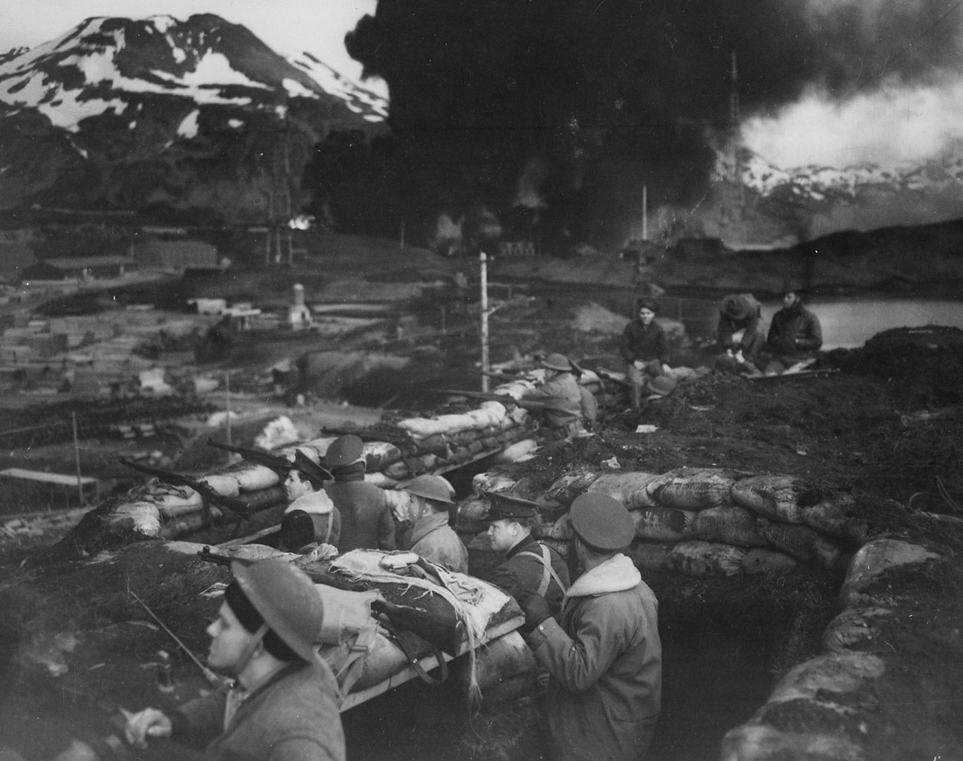 US Marines guard Dutch Harbor under attack by Japanese aircraft