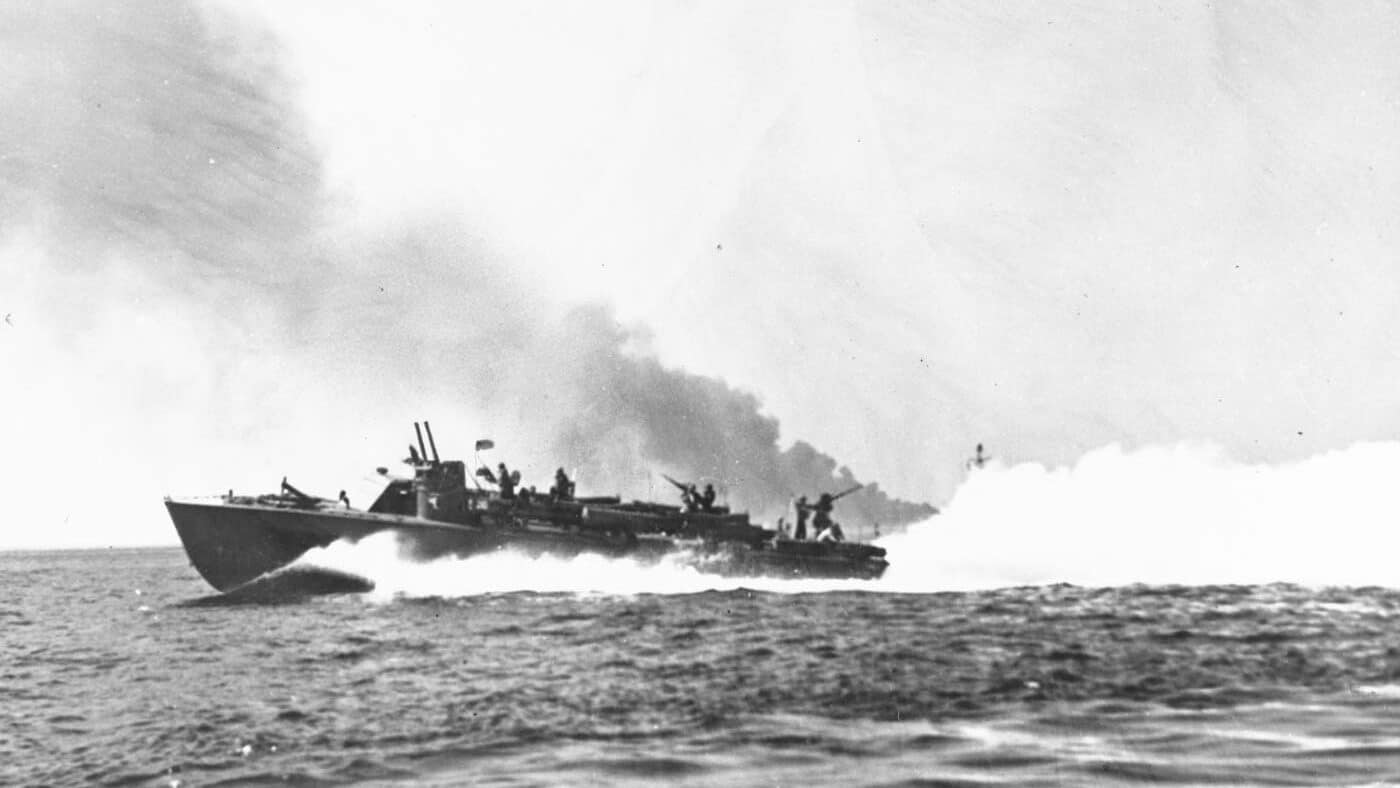 US Navy PT boat lays smoke screen invasion of Solerno 1943