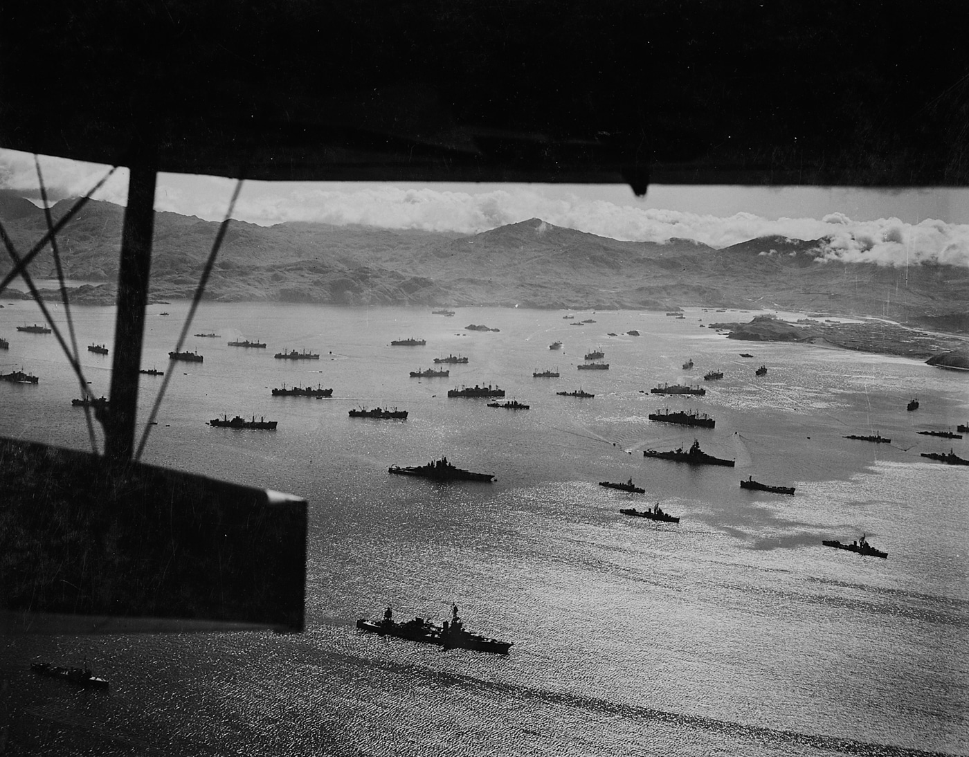US fleet assembles in Adak Harbor in preparation for the Kiska invasion