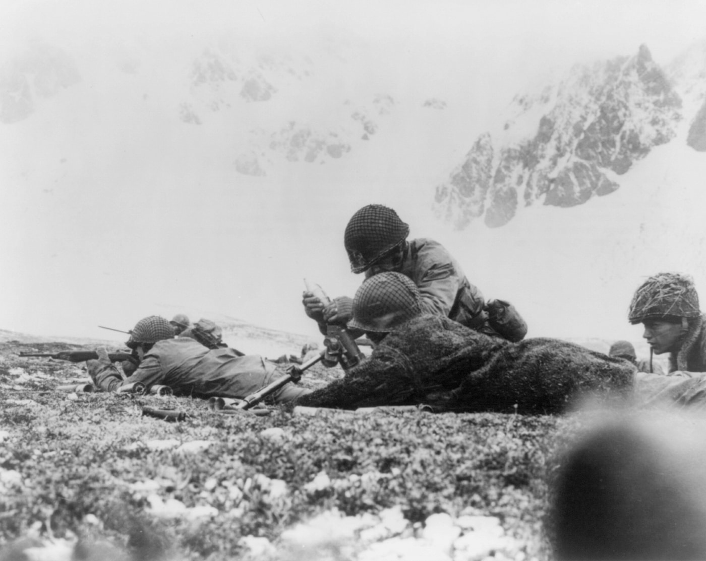 US mortar crew in action on Chicagoof Ridge on Attu Island