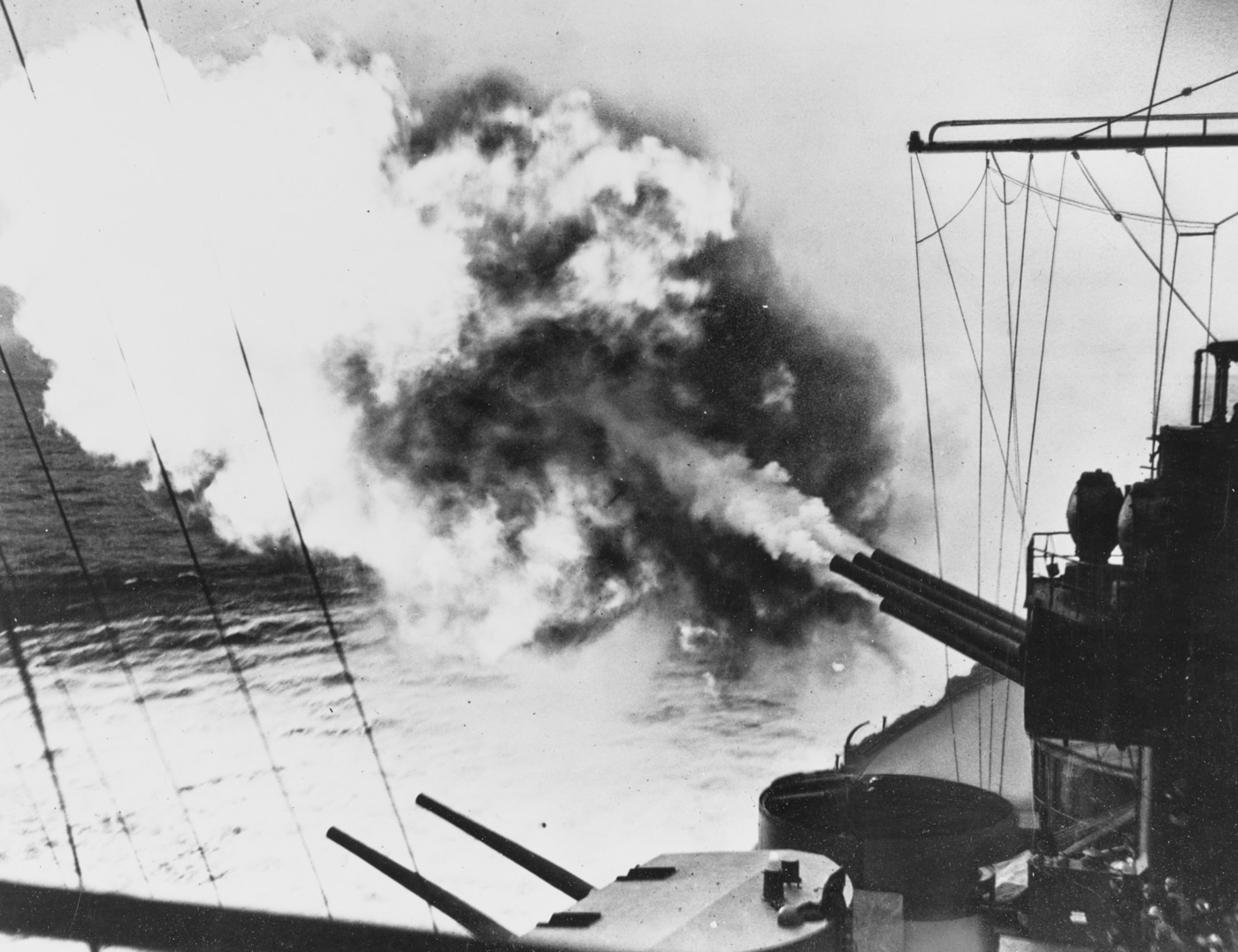 USS Pennsylvania fires 14-inch guns at Japanese positions on Attu