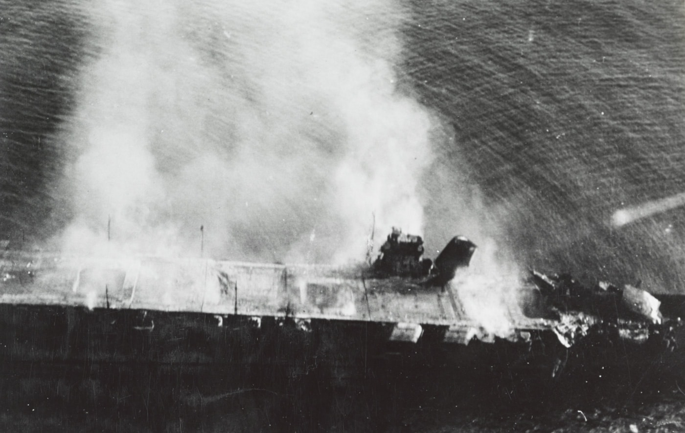 aircraft carrier Hiryu burning Battle of Midway