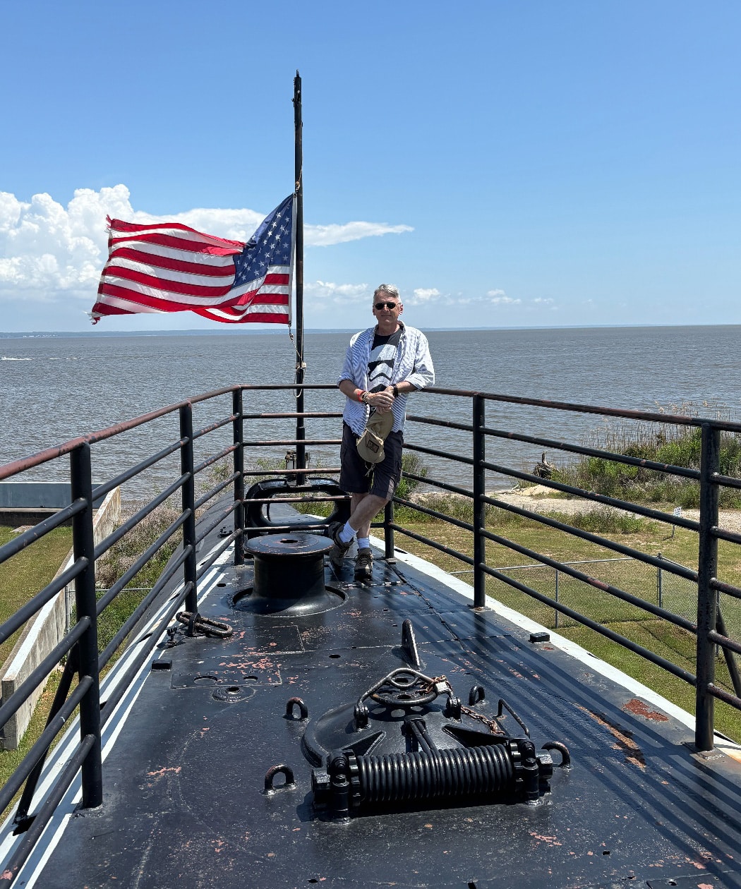 author on the bow of USS Drum