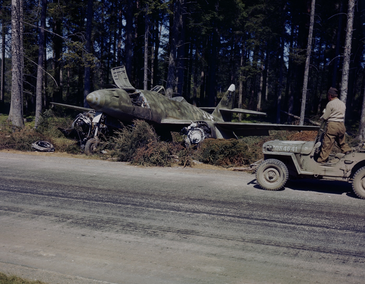 captured German Messerschmitt Me 262 on autobahn