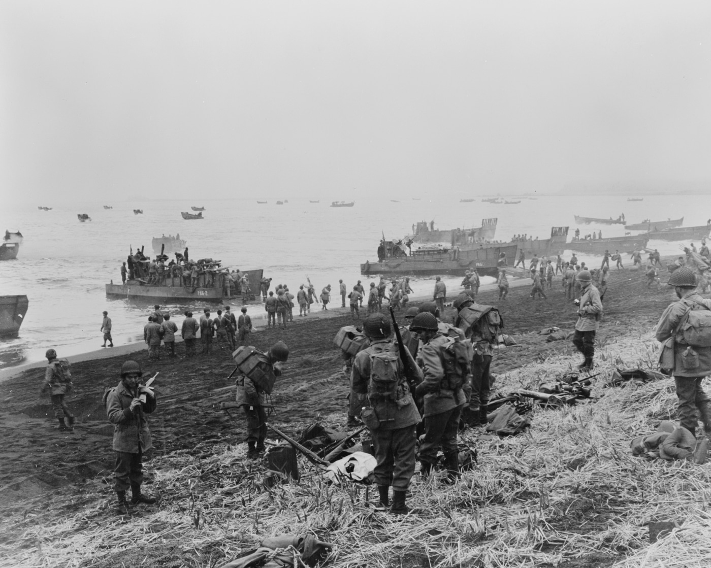landing boats deposit troops and material on Attu beach