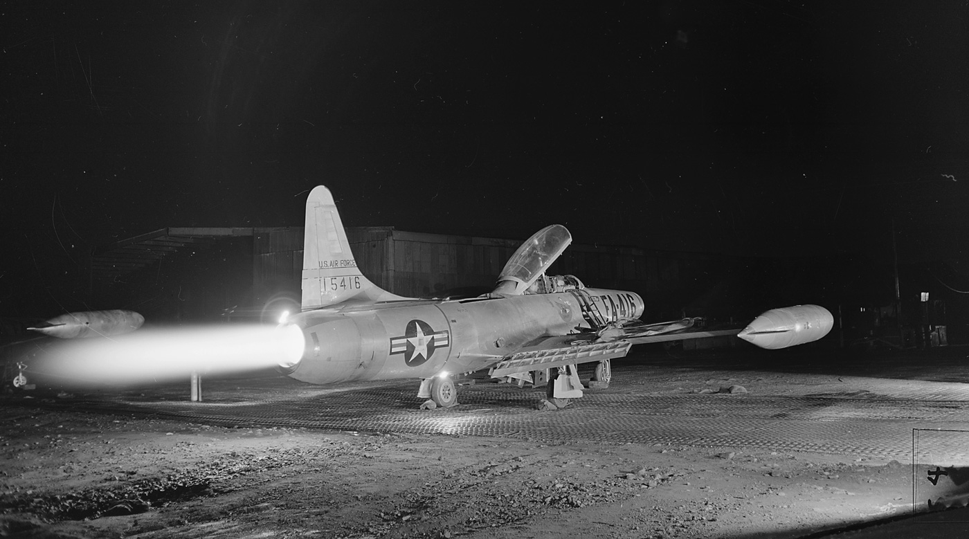 pilot tests afterburner of F-94 prior to a night mission in Korean War