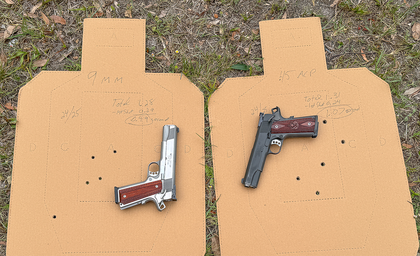 Two targets shot by Massad Ayoob, demonstrating caliber impact differences. The left target, hit with 9mm bullets, shows a specific grouping pattern, indicating speed and recoil management. The right target, impacted by .45 ACP, reveals another grouping and impact force comparison. This side-by-side visual highlights the debate of shooting speed and wound volume. The comparison showcases the real-world implications of caliber choice, using scoring and accuracy data. This aids in comprehending the practical variance in firearms performance.