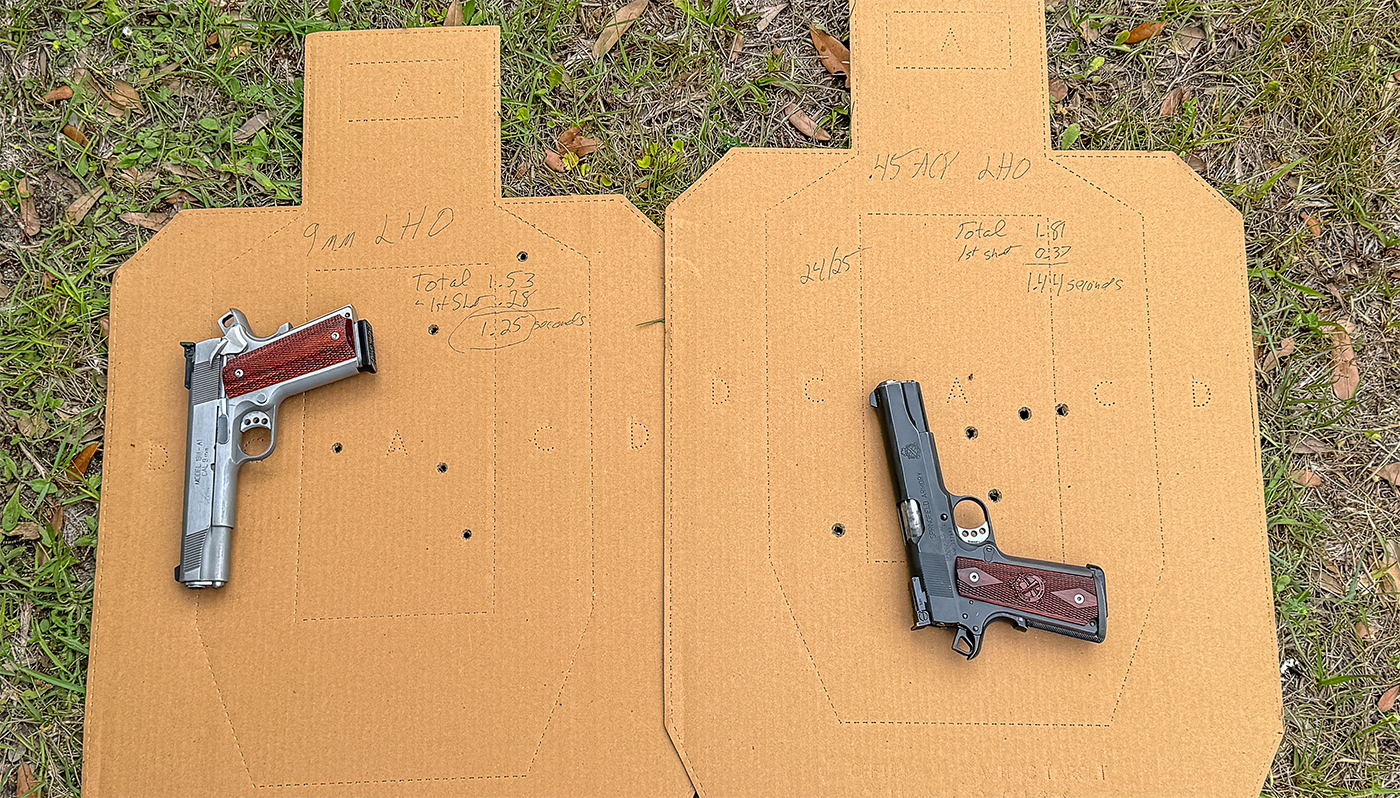 Another set of targets shot by Massad Ayoob, with the 9mm results on the left and .45 ACP on the right. The targets illustrate differences in accuracy and impact patterns between the two calibers. The visual provides tangible evidence of the recoil and speed differences discussed in shooting contexts. The comparison continues to underscore key themes in the article regarding caliber effectiveness. This aids in visualizing the nuanced decision-making process in caliber selection for defense or sport.