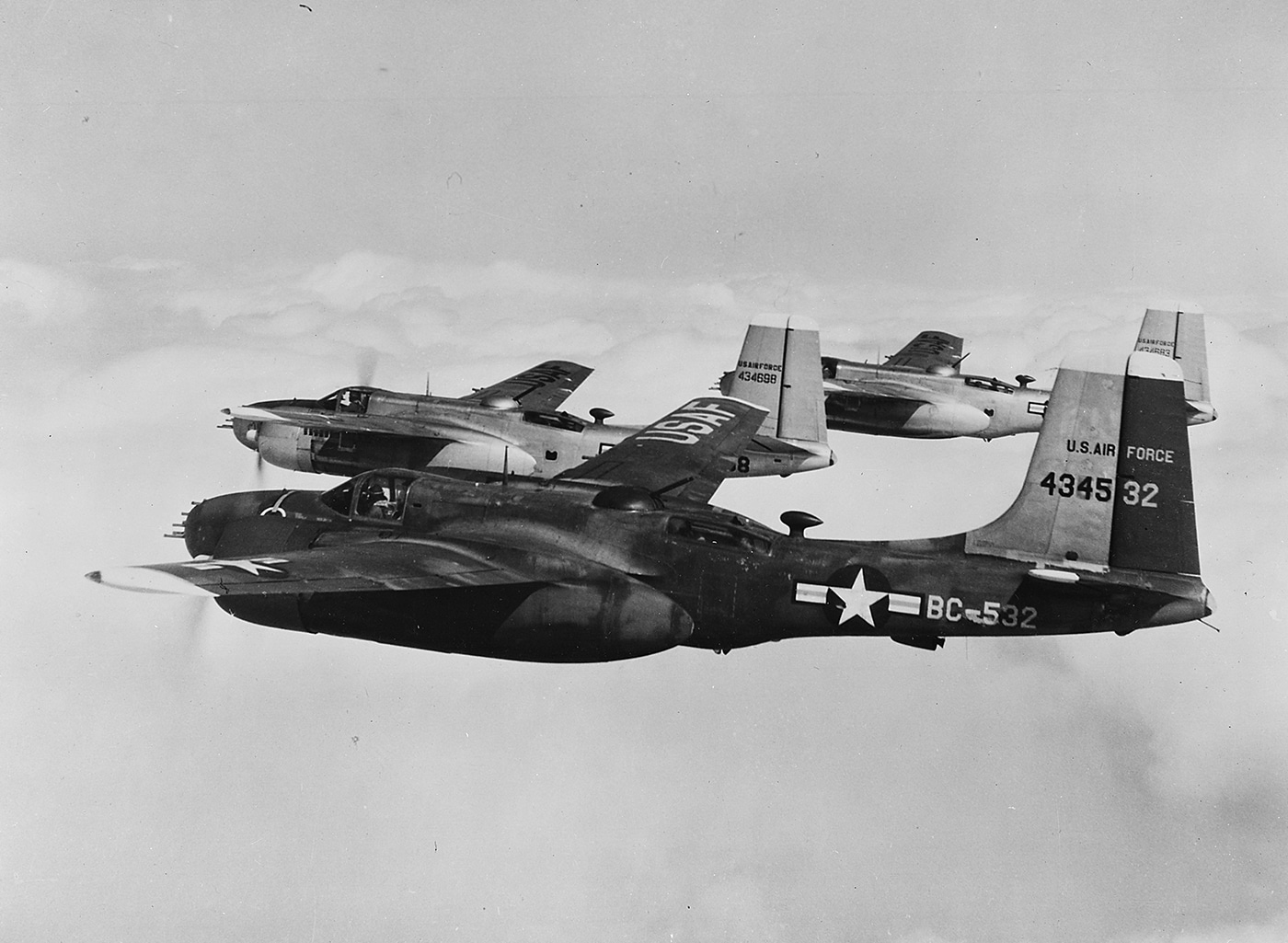 Douglas B-26 Invader bombers return to Japan after a mission over North Korea