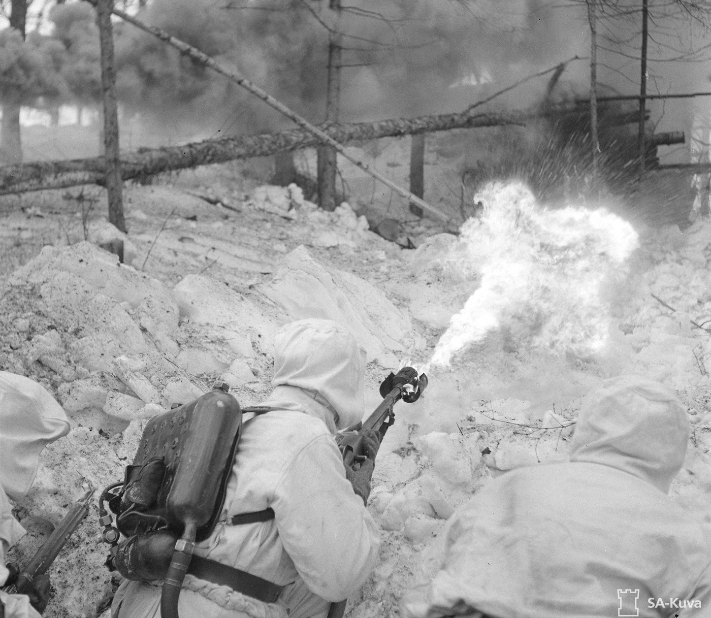 Finnish Pioneer flamethrower teams practice assault tactics in 1943