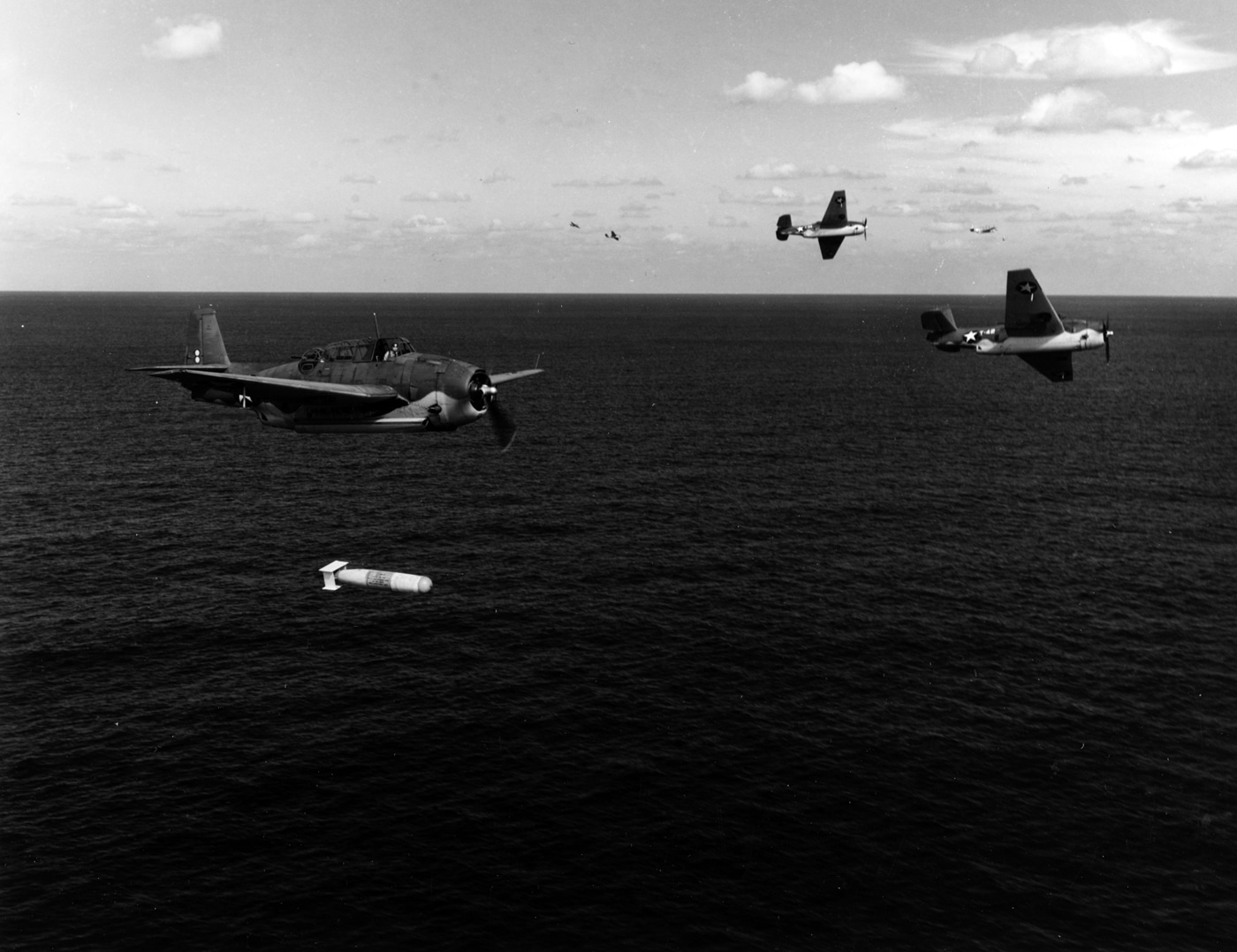 Grumman TBF-1 Avenger torpedo bombers drop Mk. XIII torpedoes near NAS Norfolk