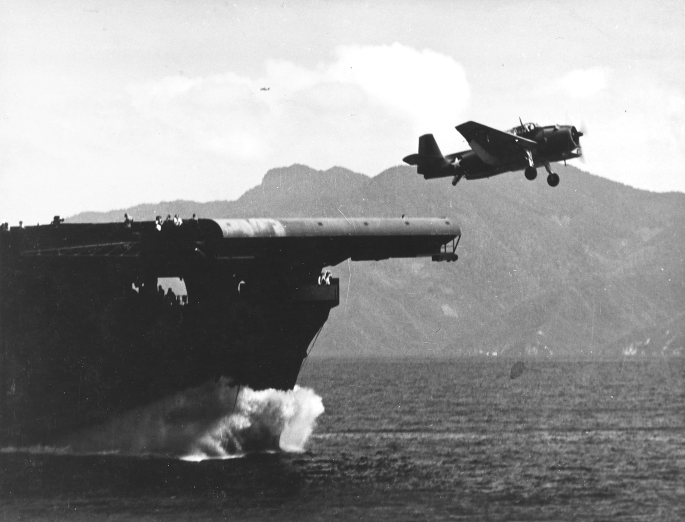 TBF-1 Avenger launches off the deck of an Essex-class training carrier