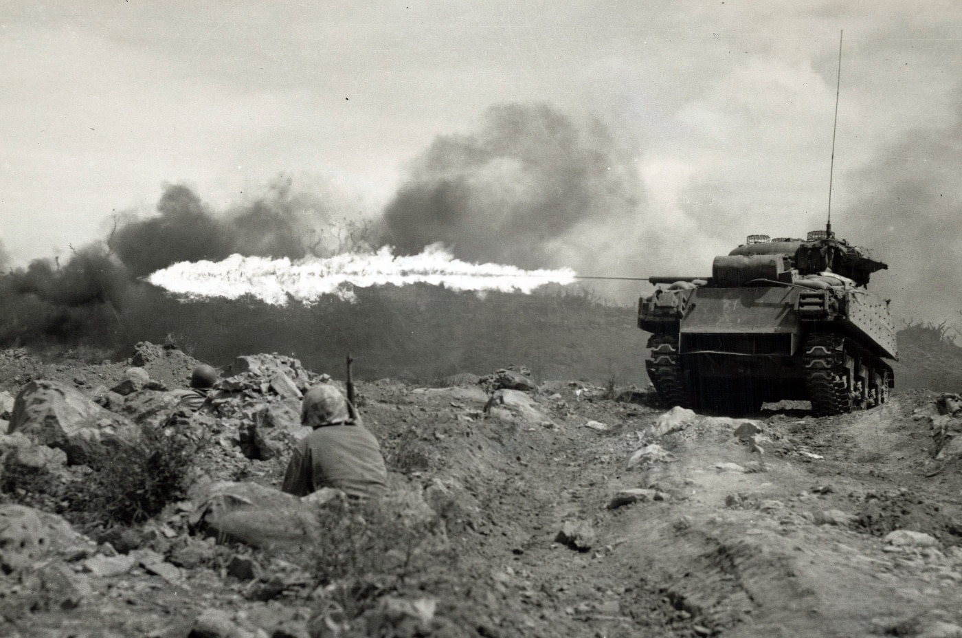 US Marine Corps M4 Sherman flame tank on Iwo Jima flamethrower