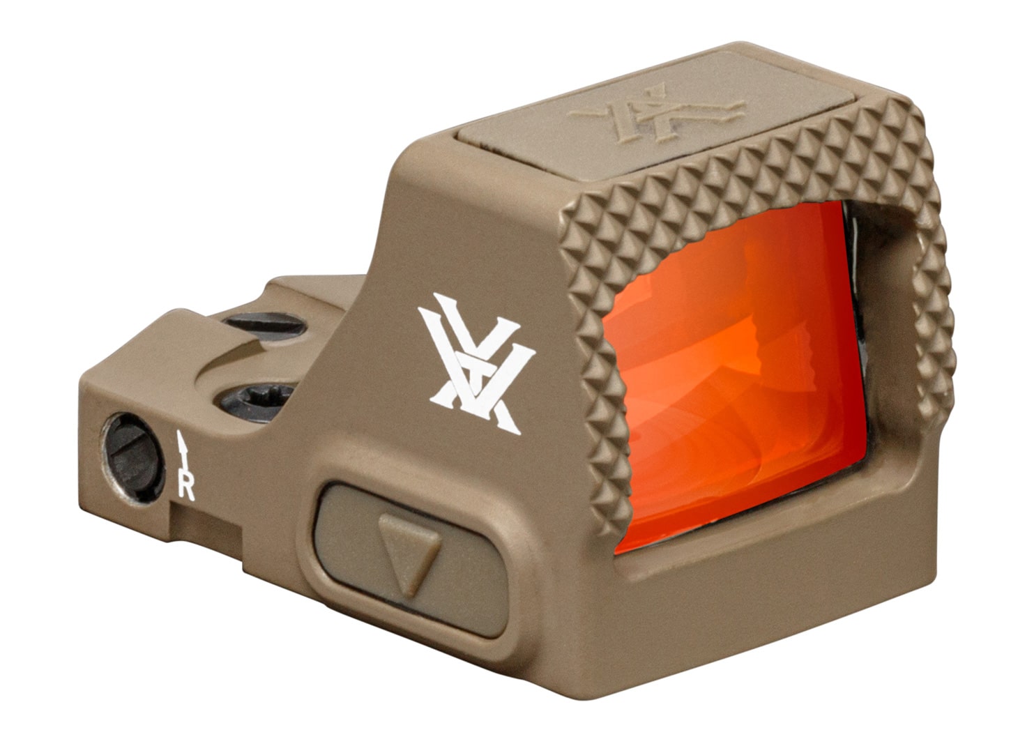 Hand adjusting dot brightness on a tan Vortex Defender sight. Finger presses the plus button, showing the click detent. The lock-out ring sits just below the controls. Matte anodized finish doesn’t slip under pressure. You catch the greenish ArmorTek lens reflection in the corner.