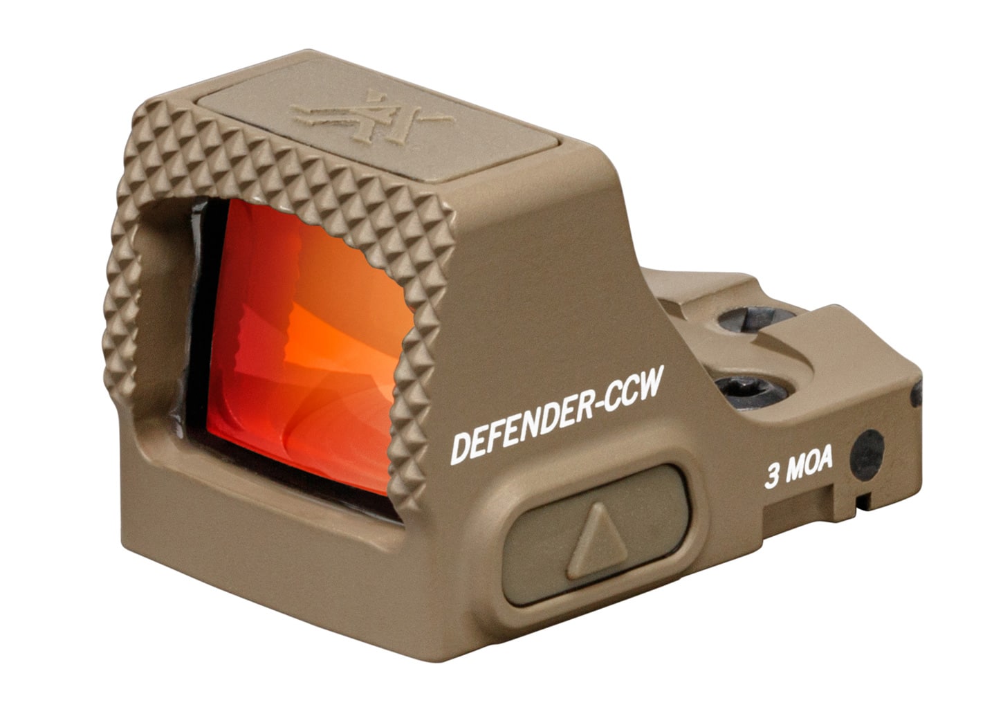 A photo of the tan Vortex Defender CCW. Also available are the mid-size ST and full-size XL. Matte coyote brown finish unifies the set. You can compare viewing window sizes at a glance. Fast-Rack pattern looks identical on each.