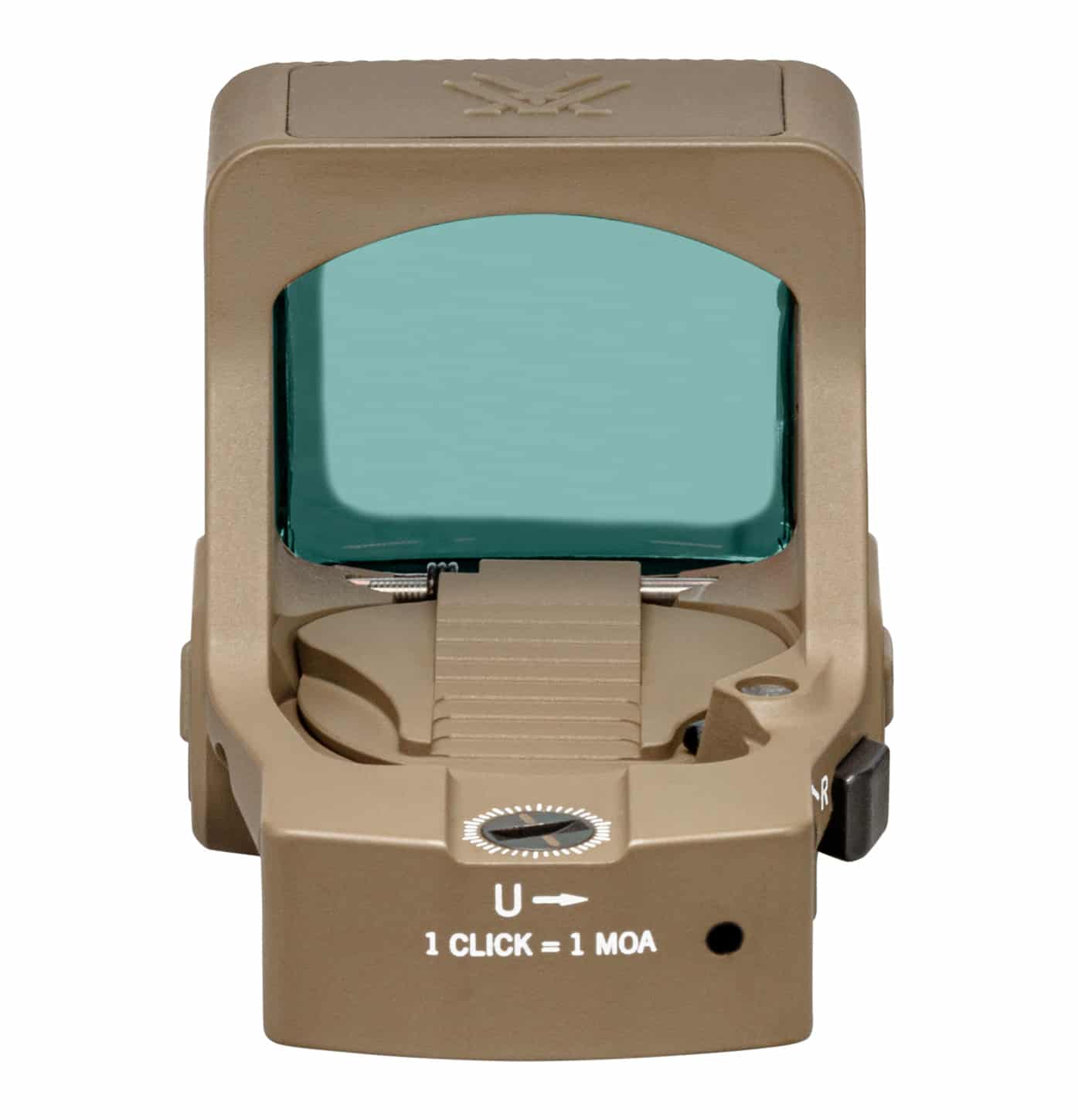 Close-up of the ArmorTek-coated lens on a tan Vortex Defender sight. The glass shows a faint reflection but no scratches or smudges. Surrounding housing is in coyote brown, and you catch a hint of green in the coating. Fast-Rack texture frames the glass. Button lock-outs are visible to prevent accidental presses.