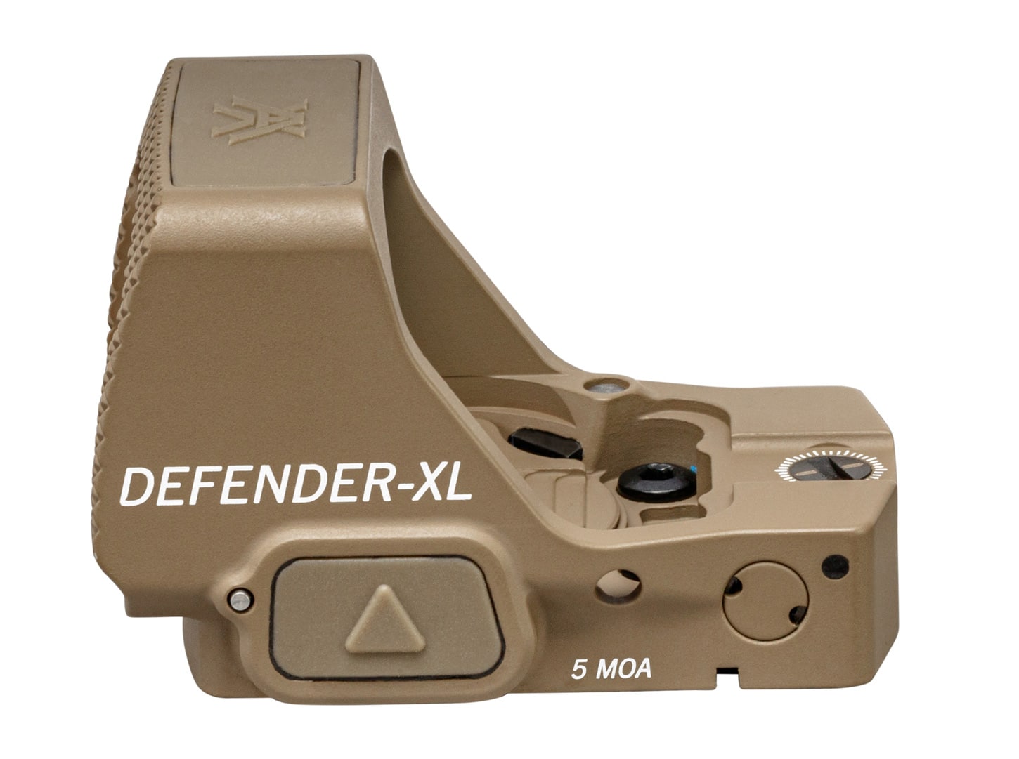 Auto-shutoff on a tan Vortex Defender sight. The red dot is off against a dark background. The housing sits still on a bench, showing the unit powers down after inactivity. You see the dot reappear faintly when the sight jiggles. Matte finish and texturing are clearly visible around the window.