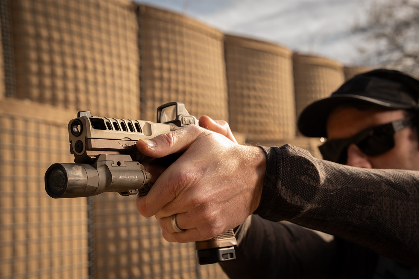 author evaluating the Echelon grip module on shooting range