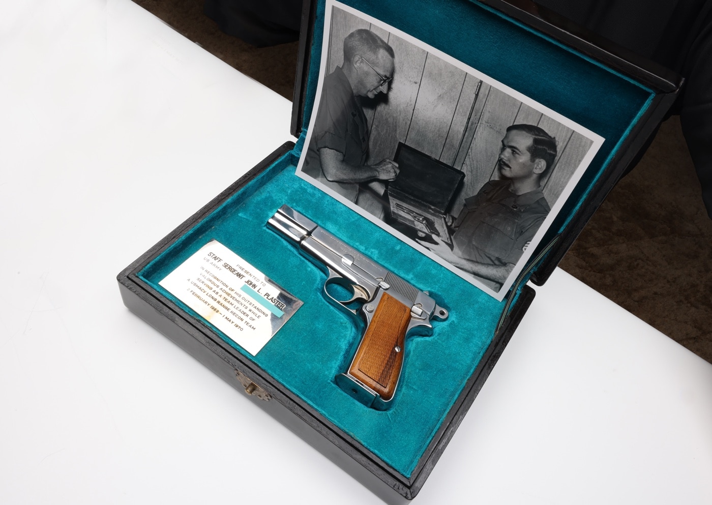 chrome plated Browning Hi Power awarded to John Plaster in presentation box