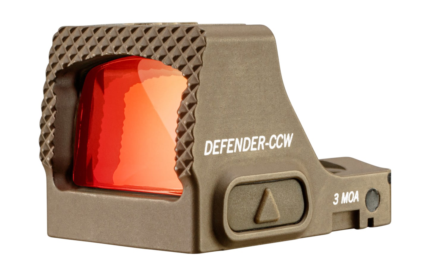 Close-up of a tan Vortex Defender CCW red dot sight mounted on a concealed-carry pistol slide. The coyote brown anodized finish shows a matte texture with tiny machining marks. Fast-Rack texturing peaks ring the front of the housing. The small aspherical micro red dot optic lens reflects a greenish hue from the ArmorTek coating. The CR1632 battery cap is visible on the side for quick swaps.