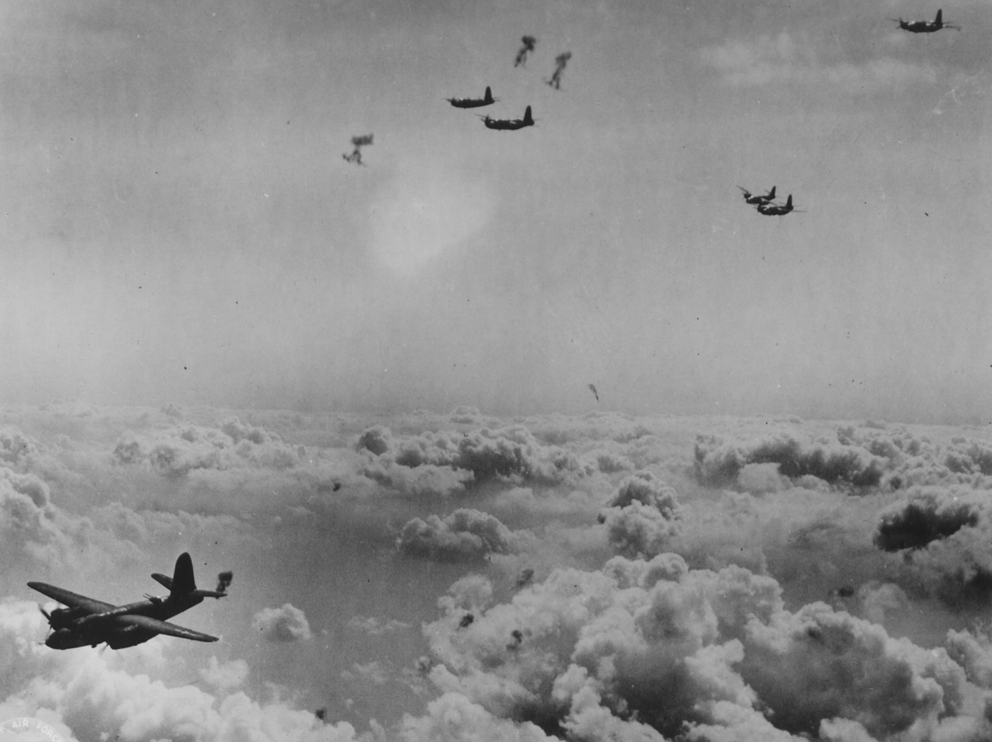 B-26 Marauders fly through flak on a bombing mission
