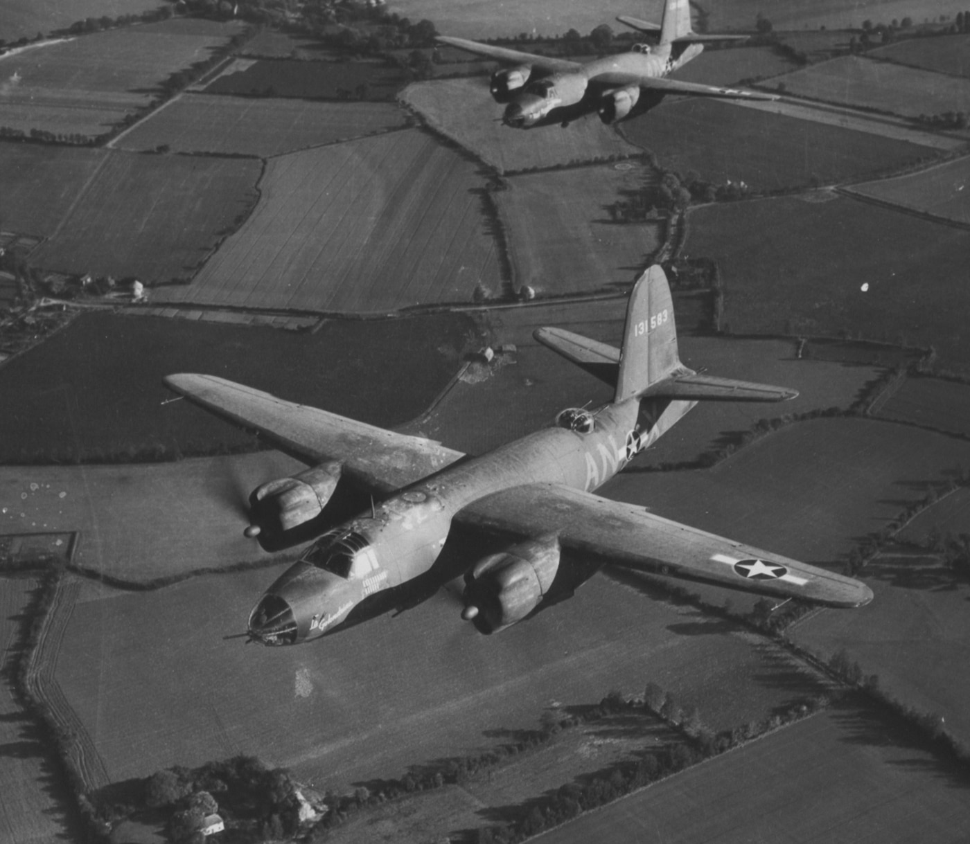 Martin B-26 Marauder bombers fly over England toward Germany on a bombing mission