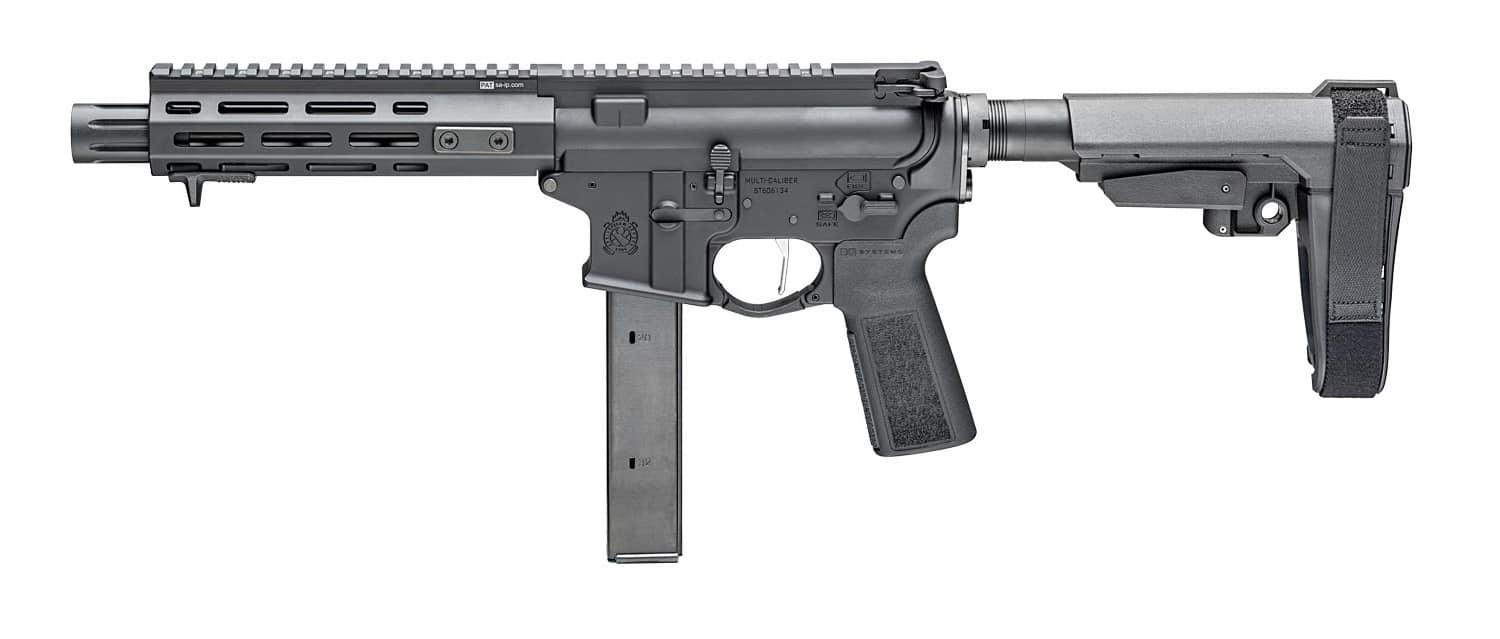 The left side of the Springfield Armory SAINT Victor 8.5” 9mm pistol is shown in this image. The full-length Picatinny rail runs across the top of the receiver and handguard, providing ample space for optics or iron sights. The free-float handguard features multiple M-LOK slots for attaching lights, grips, or other accessories. This view also displays the smooth profile of the forged upper and lower receivers. The photo supports the SAINT Victor 8.5” 9mm Pistol review by visually confirming its modular design and out-of-the-box readiness for upgrades.