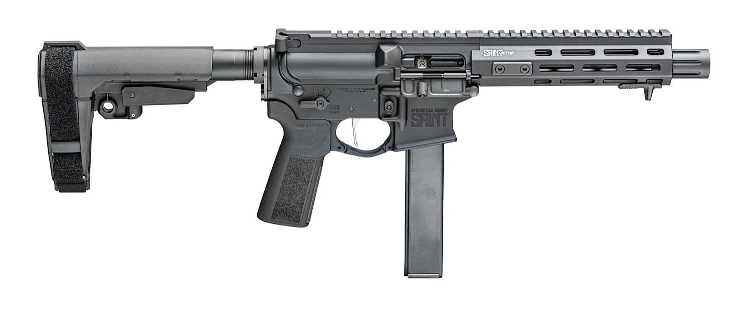 A right-side view of the Springfield Armory SAINT Victor 8.5” 9mm pistol is shown. The pistol includes a Melonite-treated barrel, M-LOK handguard, nickel boron flat trigger, and SBA3 stabilizing brace. The ejection port and forward assist are clearly visible on this side, highlighting its AR-style controls. The image provides a clean look at the pistol’s silhouette and component placement. This visual supports the SAINT Victor 8.5” 9mm Pistol review by showcasing overall ergonomics and build quality from a user’s point of view.