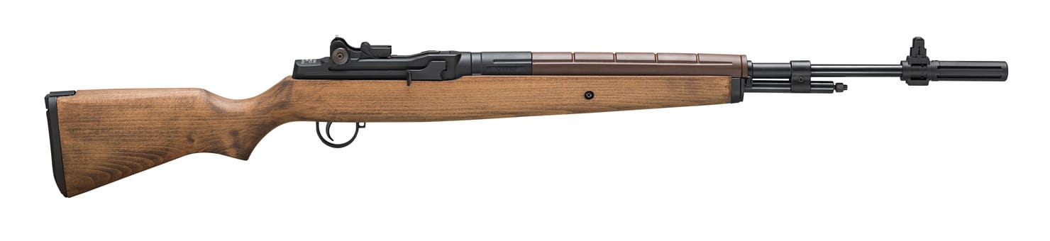 A Springfield Armory M1A underlever air rifle is shown against a plain background, clearly designed for .22 caliber pellets. The rifle features a classic wooden stock, a metal barrel, and an underlever for cocking. The sights and trigger guard are visible, and the rifle has realistic details that match the original M14 design. This image helps illustrate the airgun used in the Rojo RJ4 Tactical Target review, especially for readers interested in realistic replica rifles. Useful for anyone wanting a visual reference for the Springfield M1A pellet rifle discussed in the article.