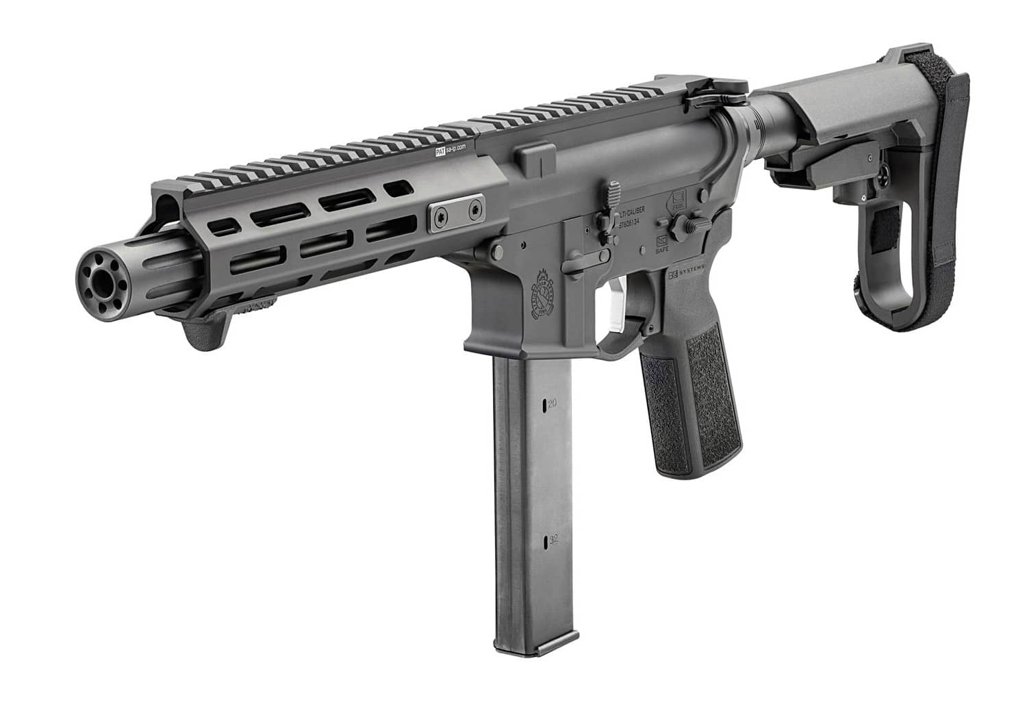 An angled photo of the Springfield Armory SAINT Victor 8.5” pistol in 9mm, showing the barrel and Springfield Armory Muzzle Drum recessed under the M-LOK handguard. The compact muzzle device is threaded on a 1/2x28 barrel and designed to reduce flash while maintaining a streamlined profile. The handguard extends just beyond the muzzle, creating a balanced, integrated look without excess length. This configuration helps reduce snag risk and retains full accessory space on the rail. The image supports the SAINT Victor 8.5” 9mm Pistol review by visually reinforcing how the barrel and muzzle setup are optimized for both function and aesthetics.