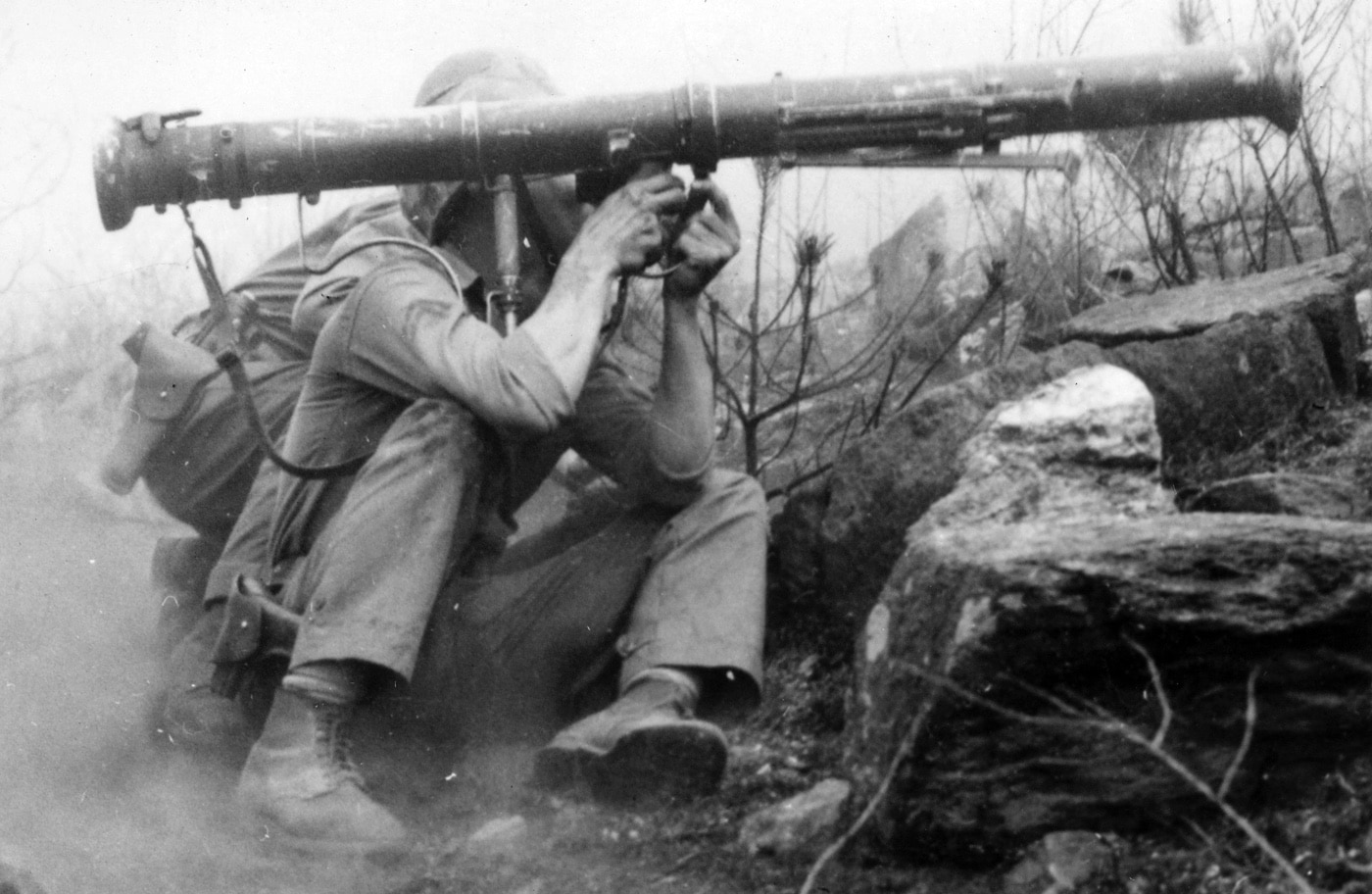 US soldier fires a 3.5 inch super bazooka Korean War