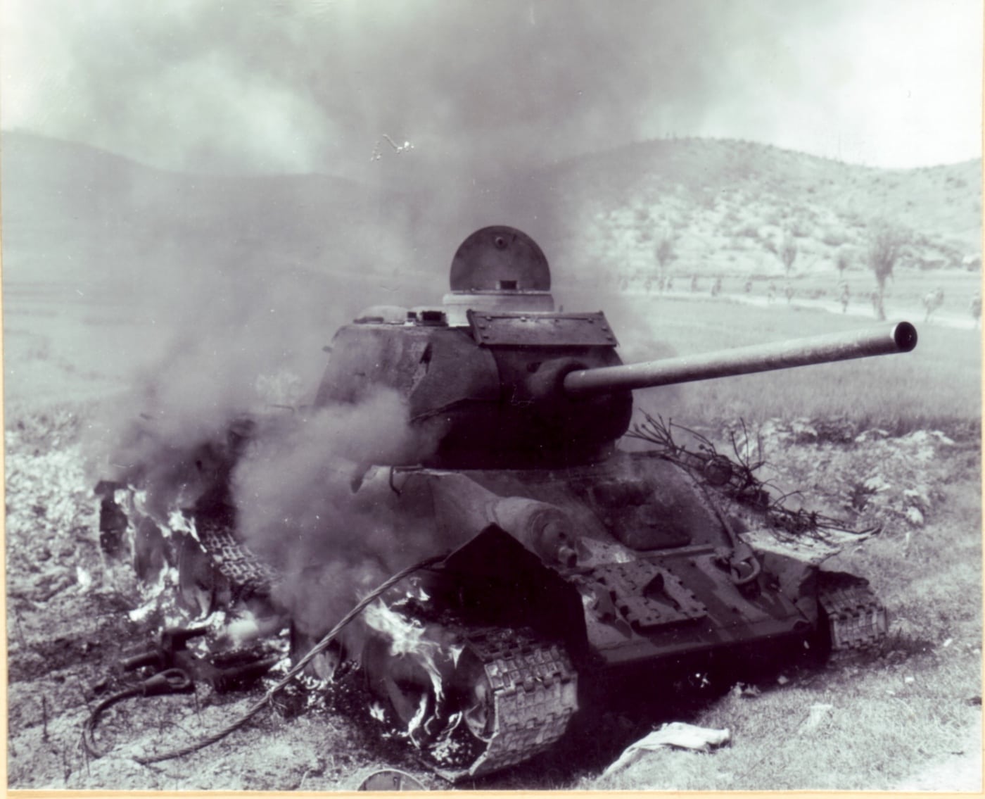 burning T-34-85 tank in Korean War